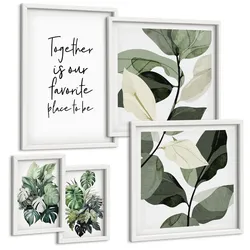 BILDER SET 5er Set - 50x50 cm & 20x30 cm & 40x60 cm Weißer Rahmen - Dekoration aus grünen tropischen Blättern