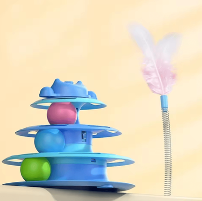 Inspire Curations SpinPaws Interactive Cat Toy Tower With Rolling Balls & Feather blue
