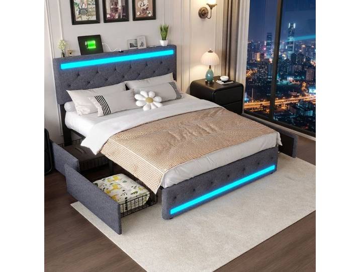 Cadre de Lit avec 4 tiroirs Lit LED 160x200 Lit avec Rangement avec Prise USB Lit Double avec Rangement lit 2 Personnes Dunkelgrauer