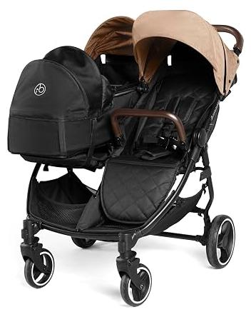 Venus Prime Doppelkinderwagen - geeignet von Geburt bis 15 kg (ca. 3 Jahre), leichter, faltbarer Zwillingskinderwagen mit Neugeborenenkokon, 2 Fußwärmern und Regenschutz (Biscuit)