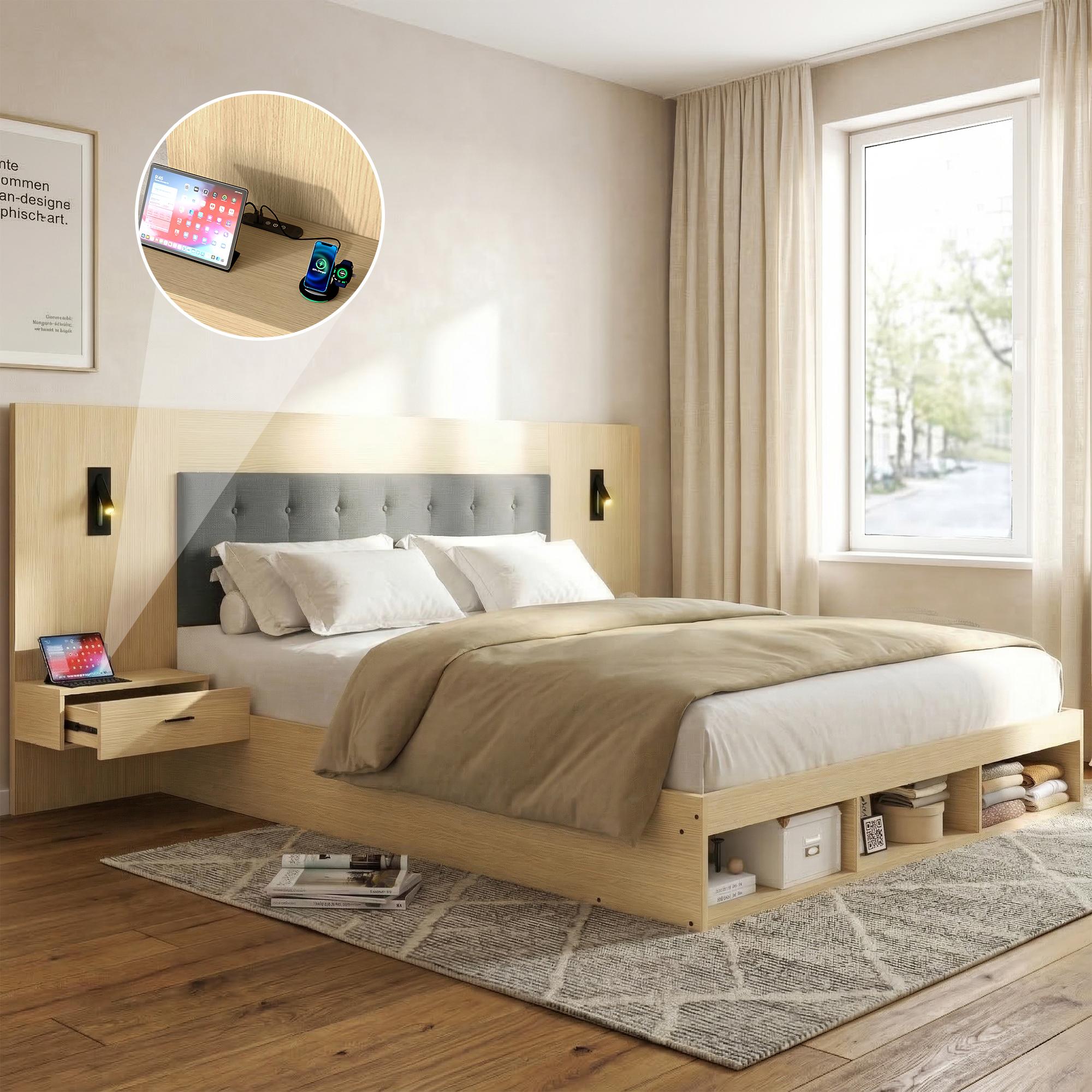 Doppelbett 160*200cm, Stauraumbett, holzbett, Jugendbett, mit USB& Type-C-Ladestation und Leselampe, mit 2 Nachttische, heller Eichenfarbe