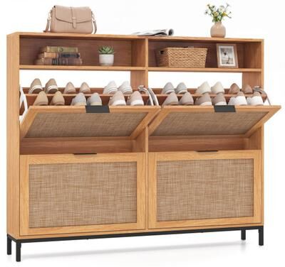Costway Shoe Storage Cabinet with 4 Flip Drawers Narrow Freestanding Shoe Organizer with Adjustable Shelves-Coffee