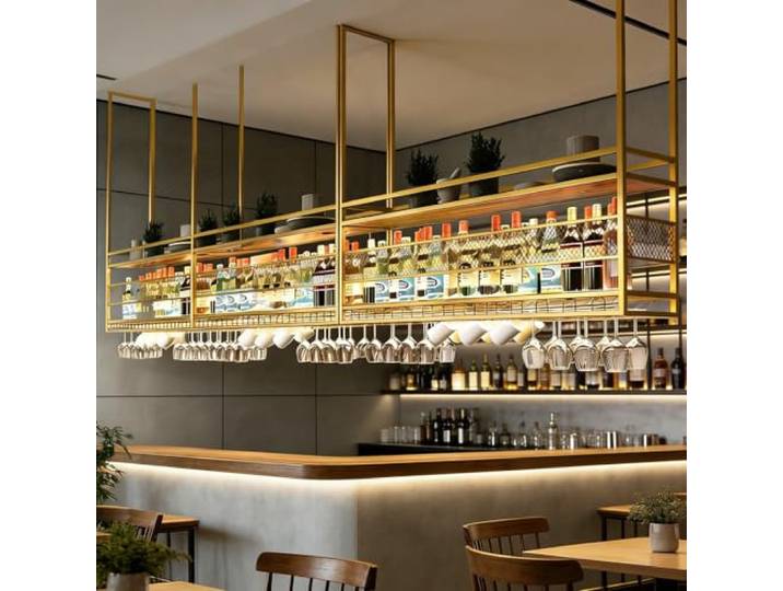 amhricho Deckenregal Weinregal, 2-Lagiger Industrieller Hängender Weinflaschenhalter mit Glashalter, Metall-Deckenregal für Bar Café Küche, Gold, 100x30x50+40cm