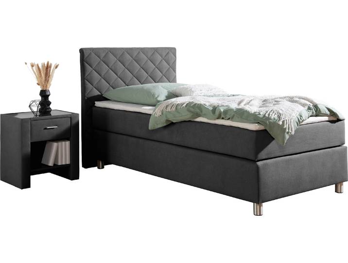 Boxspringbett, Anthrazit, 108x208 cm, Microfaser, Inkl. Topper & Matratze H3, Modern