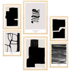 POSTER Set Mit 6 Japanische Tuschekunst Schwarzweiß A3 & A4 Rahmen Aus Hellem Holz