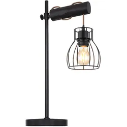 Retro Tischlampe Holz Tischleuchte Wohnzimmer Leselampe verstellbar schwarz, Gitter Design Lampenschirm, 1x E27, LxH 33 x 55 cm