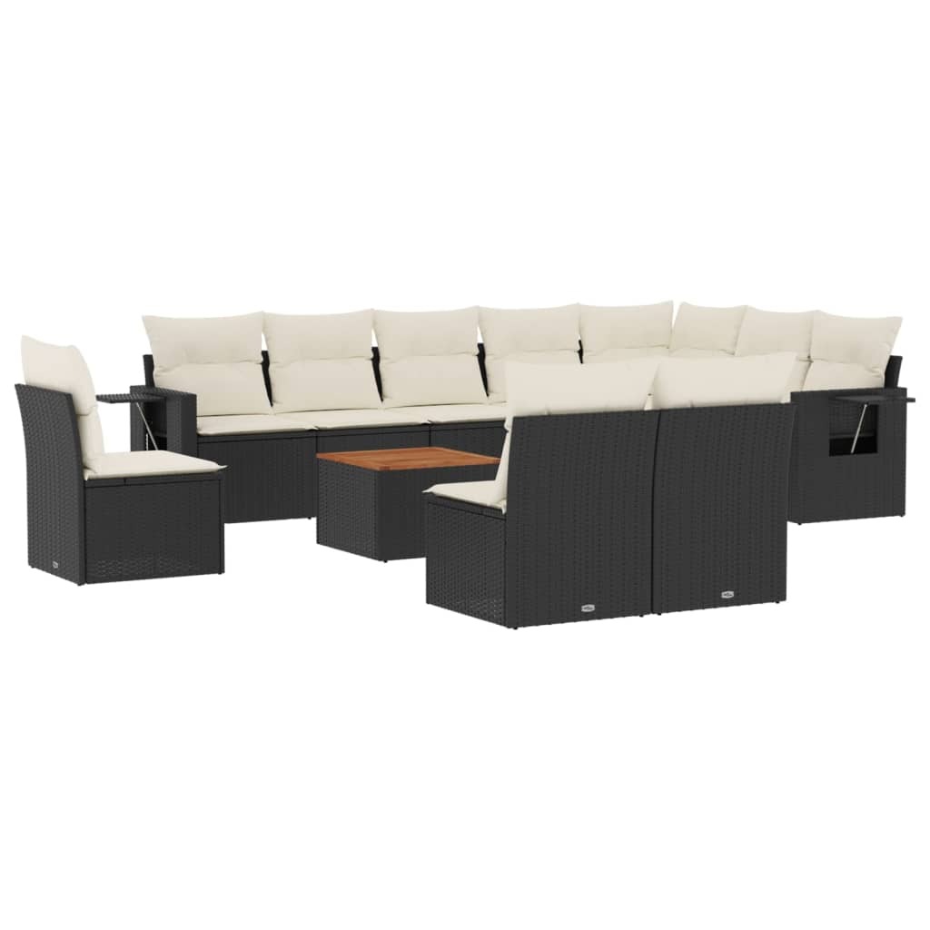 Modulares Gartensofa Set, 11-teilig, PE-Rattan, pulverbeschichteter Stahl, Akazienholz-Tischplatte, UV-beständig, Schwarz, cremeweiße Kissen