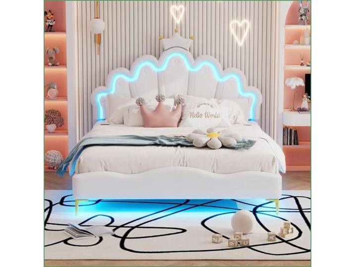 Lit Double 140x200cm - Lit de Princesse à Couronne Cuir PU LED Réglable - Blanc