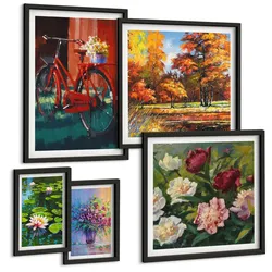 BILDER SET 5er Set - 50x50 cm & 20x30 cm & 40x60 cm Schwarzer Rahmen - Seerosen, Fahrradblumen
