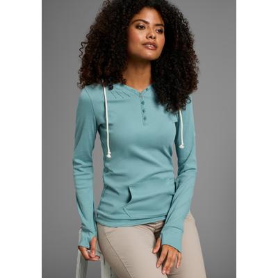 Kapuzenshirt KANGAROOS, Damen, Gr. 44, grün (blaugrün), Jersey, Obermaterial: 100% Baumwolle, unifarben, figurbetont hüftbedeckend, Bündchen mit Daumenlöchern, Shirts Kapuzenshirt, Langarm mit Daumenlöchern, figurbetonter Schnitt, aus Jerseystoff
