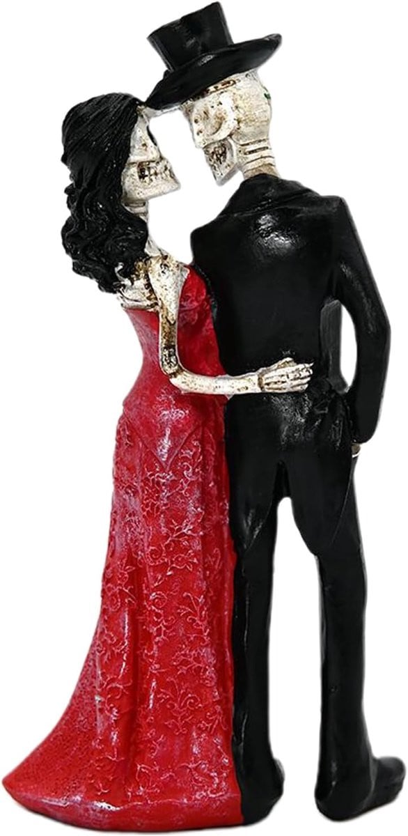 Gothic Bruidspaar Skelet Figuren - Handbeschilderd Decoratie voor op Tafel - Zwart Grijs - H x B x D: 13 x 8 x 8 cm