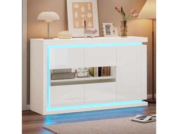 QQJIN LED Sideboard Weiß Hochglanz mit Glastüren 140x40x84 cm, Sideboard Wohnzimmer mit Fernbedienung & verstellbaren Böden für Flure, Büros, Küche,L