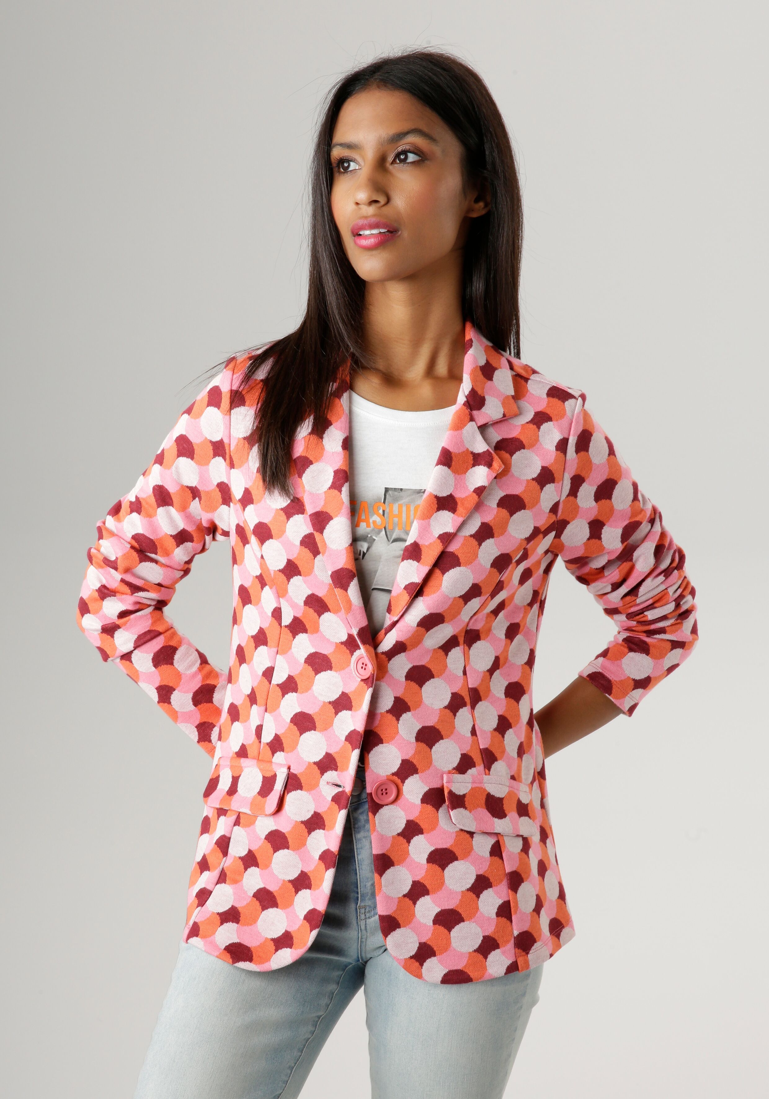 Kurzblazer ANISTON SELECTED, Damen, Gr. 36, bunt (rosa, sanftes weiß, dunkelrot, hellorange), Jersey, Obermaterial: 68% Polyester, 27% Viskose, 5% Elasthan, Jacquardmuster, figurbetont hüftlang, Blazer Kurzblazer, in Jacquard-Qualität rosa, sanftes weiß, 