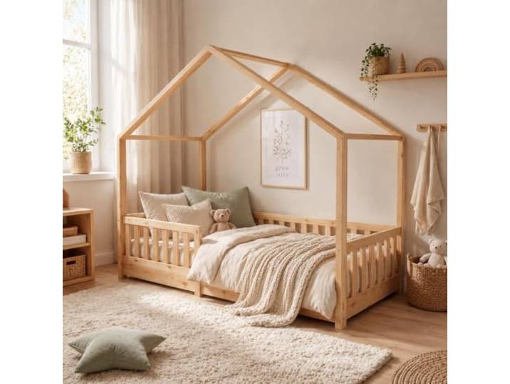 ecoMI® Kinderbett 90x200 cm Hausbett mit Rausfallschutz & Lattenrost, Natur Kinderbett aus Massivholz Kiefer, bis 100 kg belastbar, größtenteils vormontiert, bodennahes Kinderbett für Mädchen & Jungen