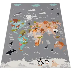 KINDERTEPPICH Waschbar, mit Tier‐Weltkarten‐Muster, Grau, 100 x 200 cm