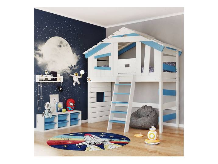 bibex Hochbett ALPIN CHALET Hochbett, Kinderbett, Doppelbett, Hausbett - Blau/Weiss