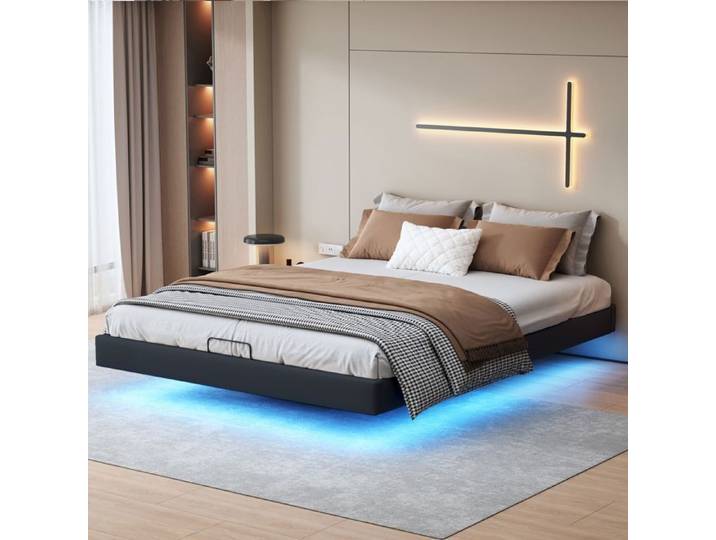 Lit coffre 160x200 cm - Cadre de lit suspendu - ADWOLT - Noir - LED - Tête de lit non incluse