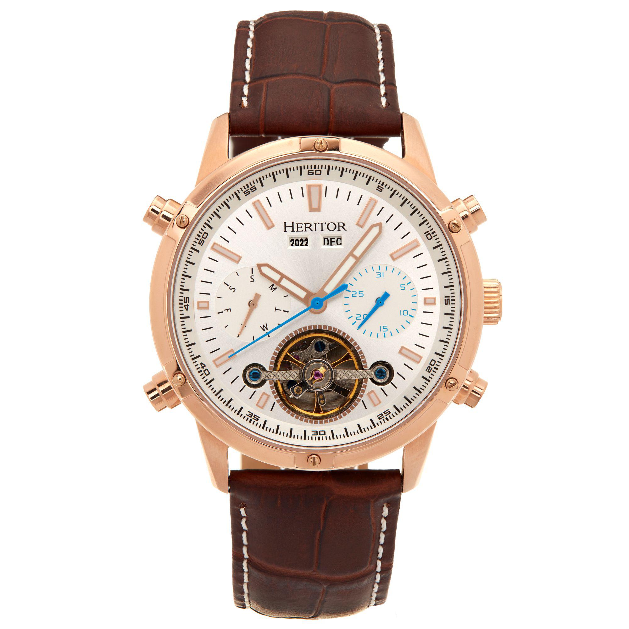 Heritor automatisch Wilhelm semi-skelet lederen band horloge met dag/datum