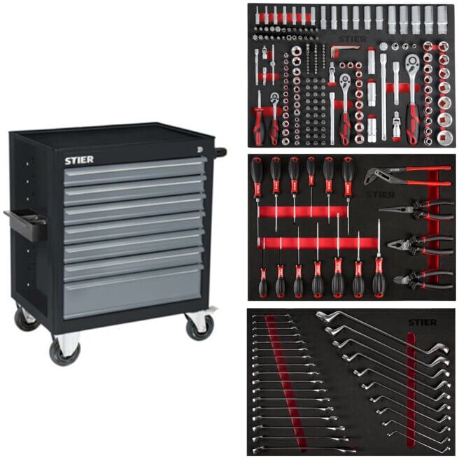 Servante d'atelier STIER Black garnie, 223 pièces (906028)
