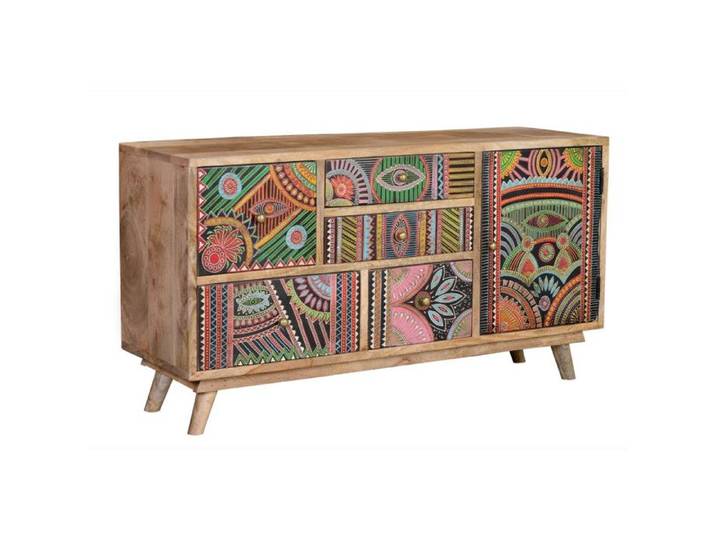 Commode TV - Giner y Colomer - Bois de manguier - 5 tiroirs - 1 porte peinte à la main