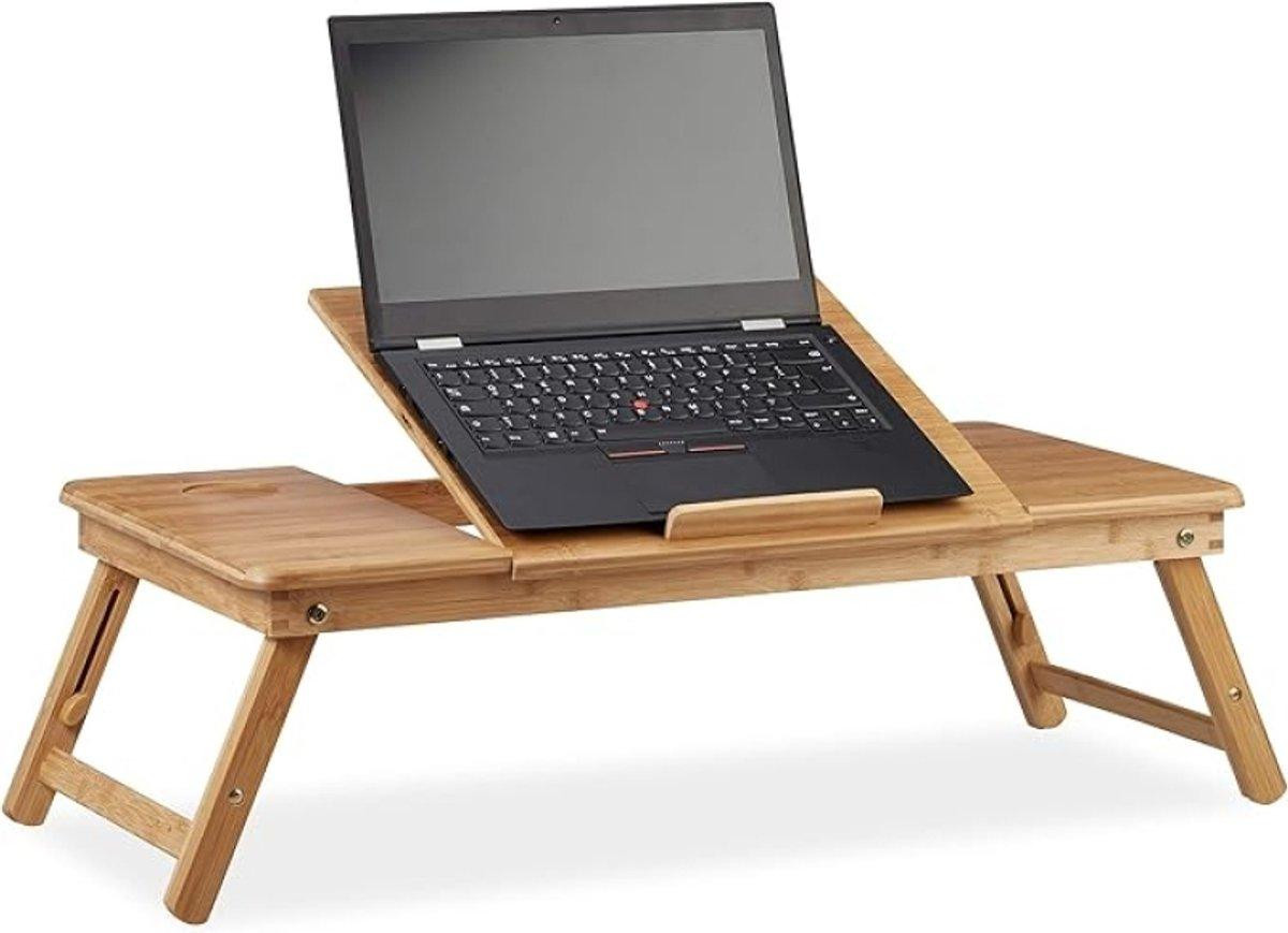 PromoHome Bamboe Laptopstandaard XL - Verstelbaar met 5 hellingshoeken, lade en ventilatieopeningen - Natuurlijk