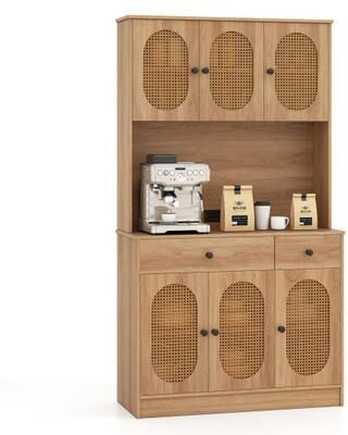 Costway 71 Inches Pantry Cabinet with Hutch and Charging Station-Natural