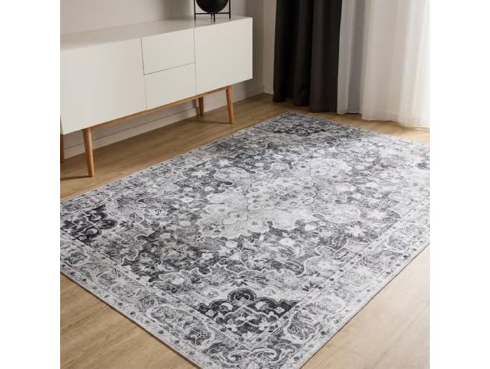 benuta Basic Waschbarer Teppich George - Anthrazit 300x400 cm - Kunstfaser - Rechteckig & im Style: Vintage, Elegant, Retro - Pflegeleicht für Wohnzimmer Schlafzimmer