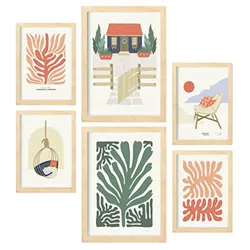 POSTER Set Mit 6 Minimalistischen In Leuchtenden Farben Strandhaus Drucke Von Landschaften Und Natur Für A3 & A4 Rahmen Aus Hellem Holz