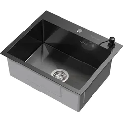 ML-Design Spülbecken Edelstahl 55 × 45 cm Anthrazit – Rechteckige Einbauspüle mit Seifenspender & Ab-/Überlaufgarnitur, Einzelbecken mit Siphon