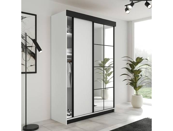 KIER FURNITURE Schiebegarderobe LAMARO mit Spiegel - Schrank Schlafzimmer - Schlafzimmerschrank - Wardrobe Bedroom - Kleiderschränke - Kleiderschrank Weiß - 138x205x59