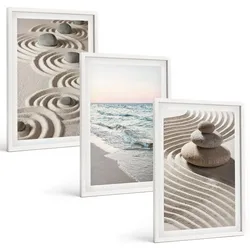 BILDER SET 3er Set - 40x60 cm Weißer Rahmen - Wellen, Sand, Wasser, Steine, Strand