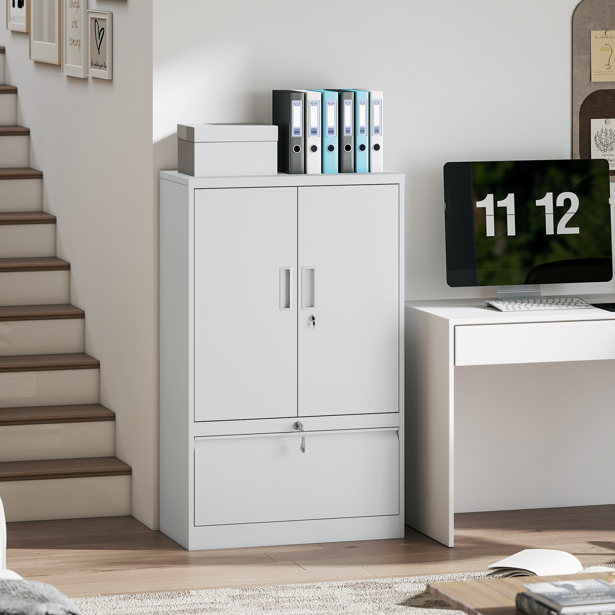 Homcom Mobile da Ufficio in Acciaio con Ripiano Interno Regolabile e Cassetto, 80x40x130 cm, Bianco   Aosom Italy