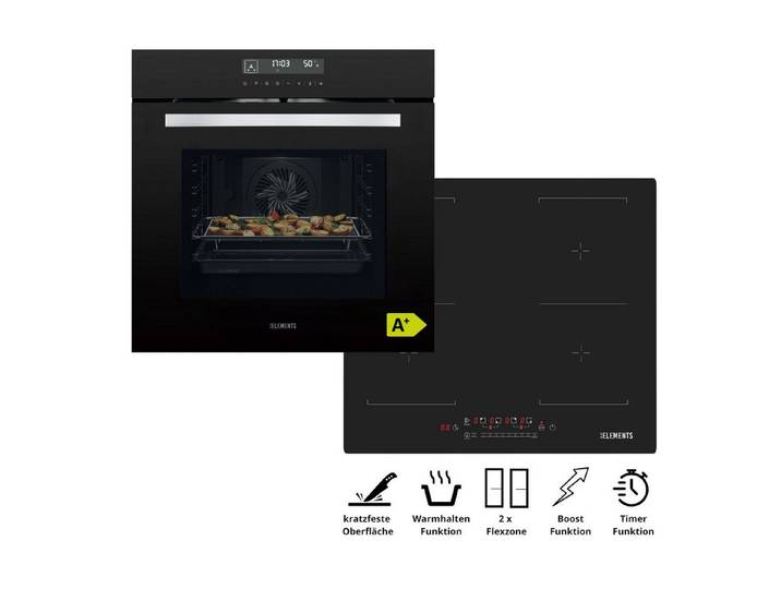 KB Elements Induktions Herd-Set Kratzfestes Induktion 60 cm mit Einbaubackofen 60 cm, mit 2-fach-Teleskopauszug, Einbaubackofen Full Touch, Kratzfestes Induktionskochfeld