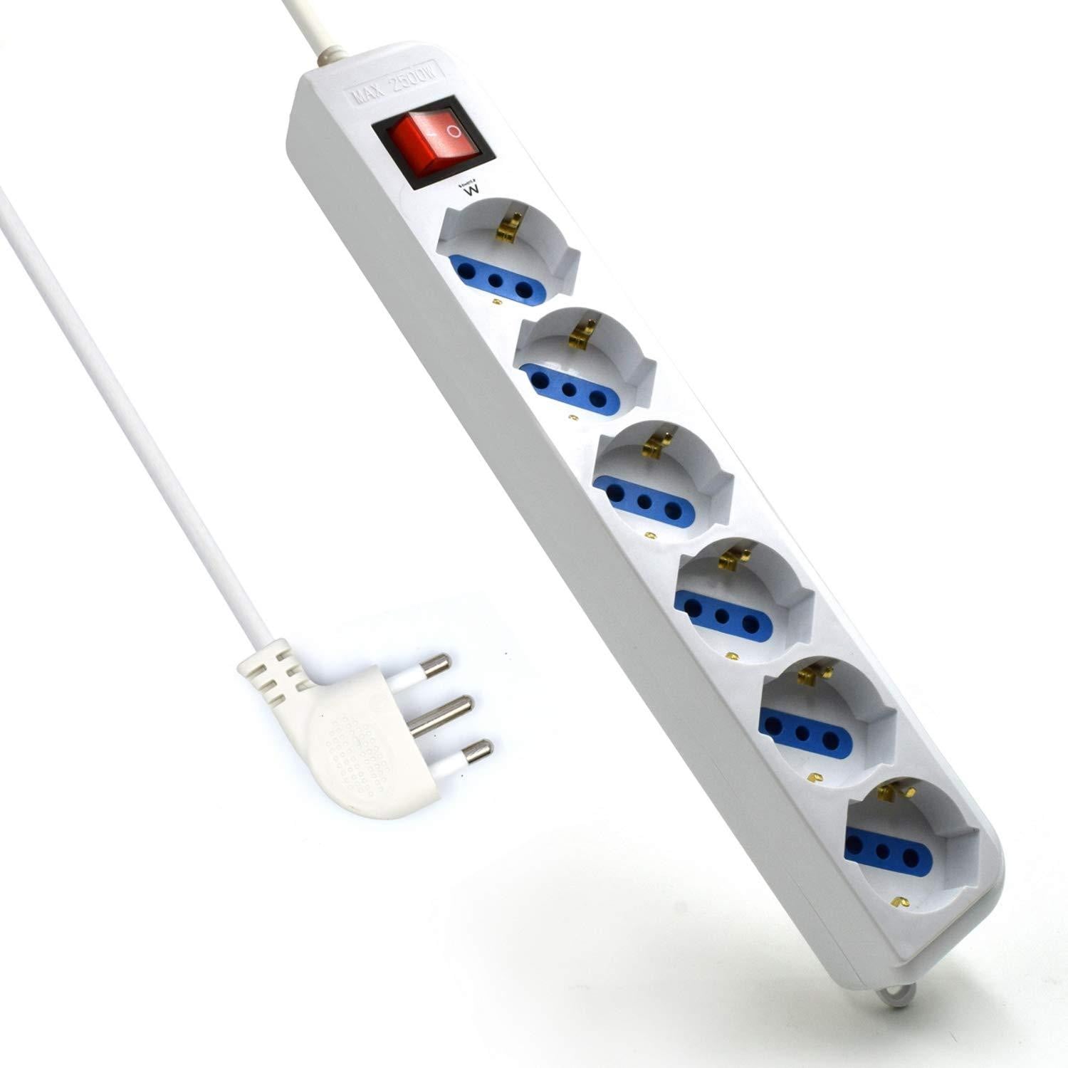 Ewent Verlengsnoer met 6 stopcontacten, 6 Italiaanse 10A-stopcontacten en Schuko-stopcontacten