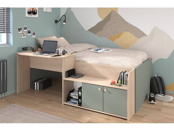 Jugendbett PARISOT, beige (jackson eiche nachbildung, seladon grün, seladon grün, seladon grün), B:136cm, Betten, Jugendbett