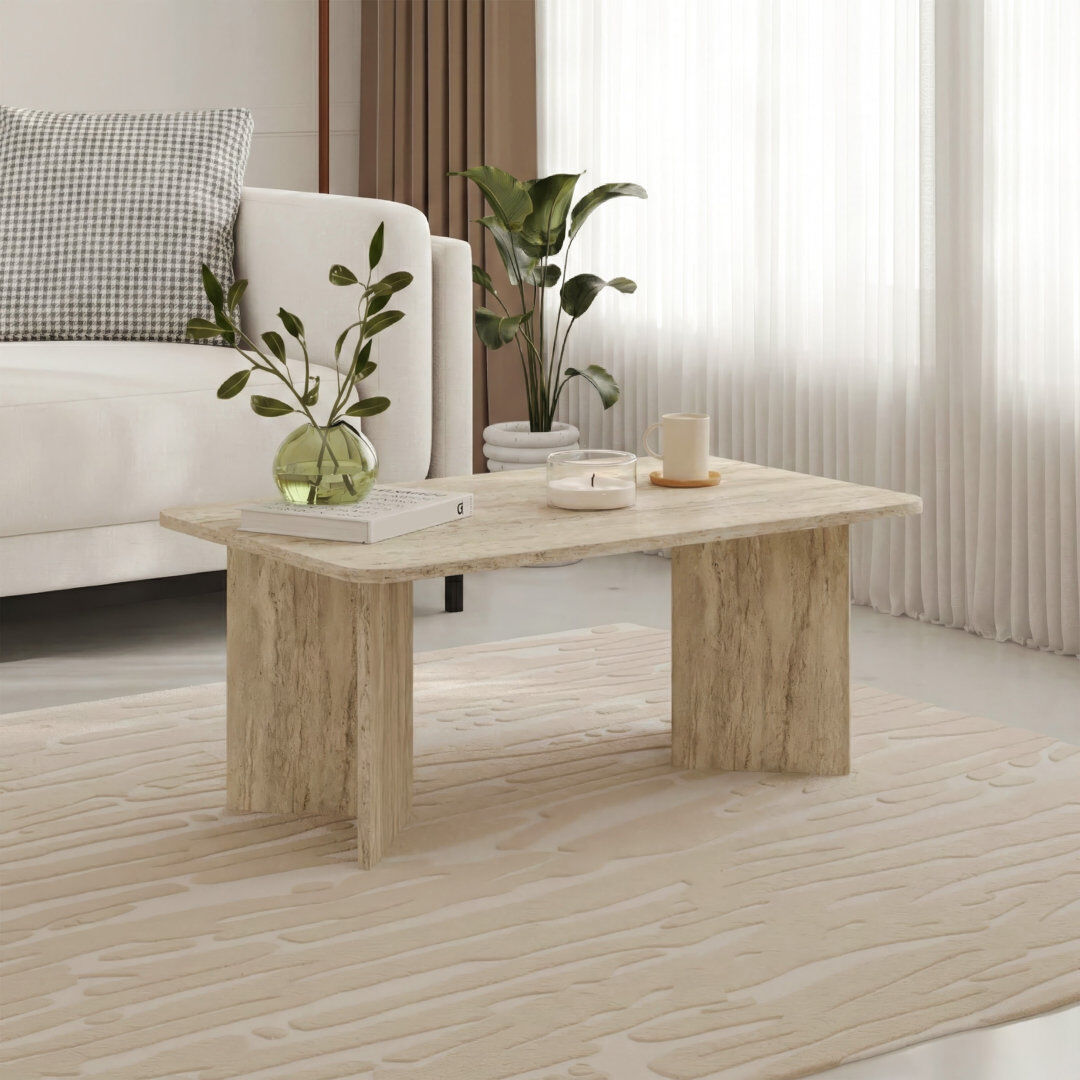 Alpen Home Modern Radius Rectangular Coffee Table, Living Room Travertine 42cm H X 100cm W X 60cm D