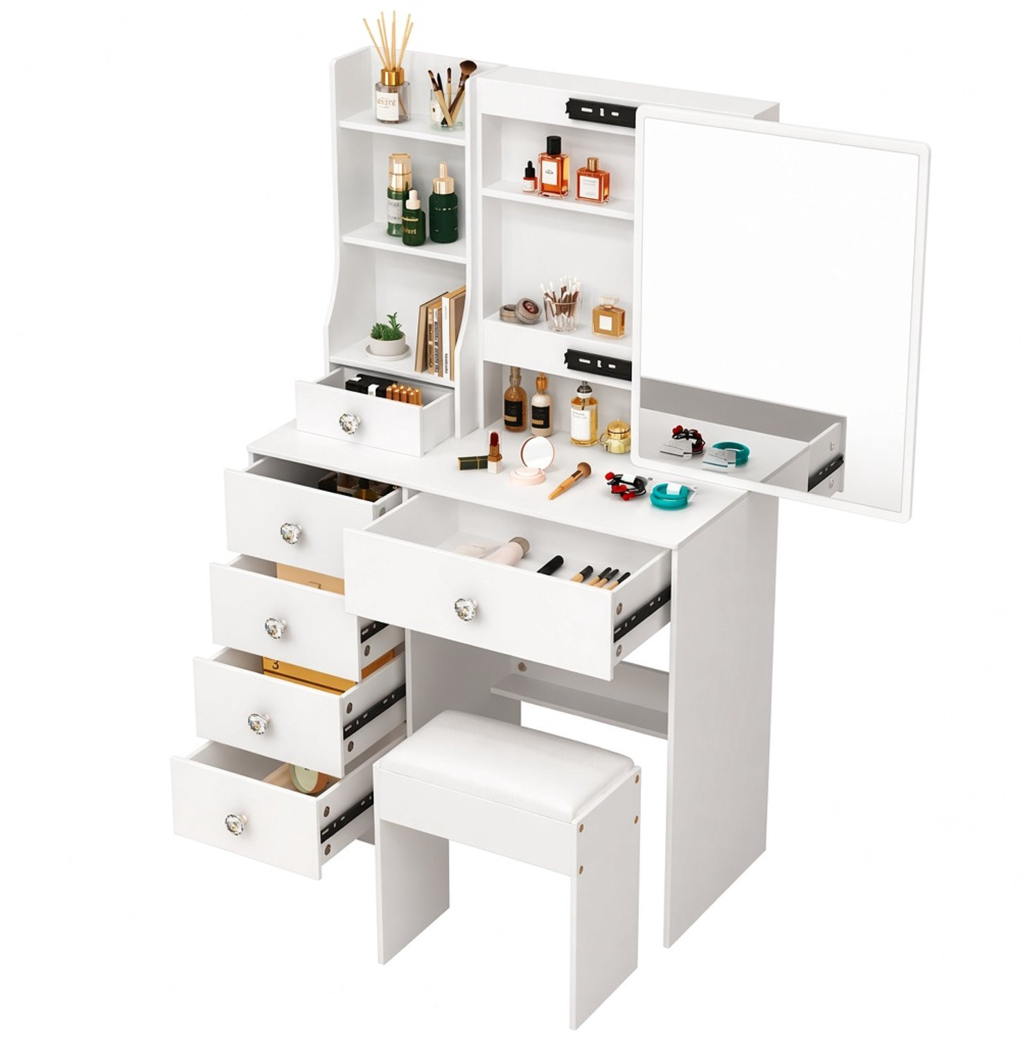 Atlasyx Kaptafel met spiegel, verlichting en krukje - Wit - B/D/H: 80 x 36 x 130 cm
