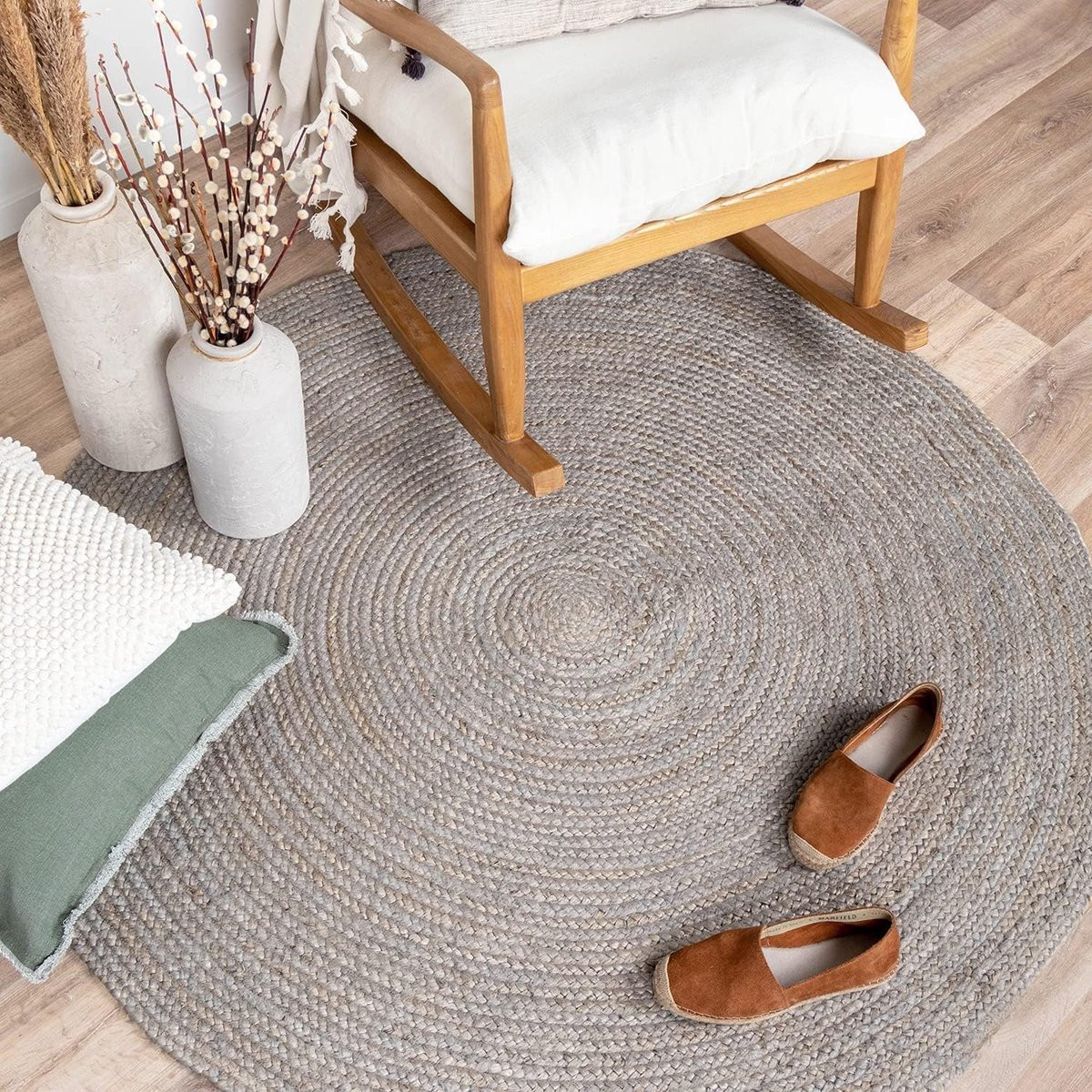 Rond Jute Vloerkleed in Boho Stijl - Grijs