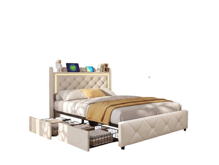 Shopentra Polsterbett 90x200 Beige Ladefunktion, 90x200 cm, Schlafzimmer, Betten, Polsterbetten