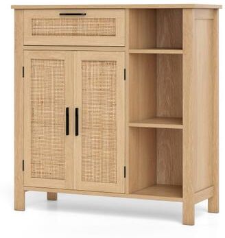 Costway Boho Buffet Sideboard Storage Cabinet with Drawer and Rattan Woven Doors-Natural