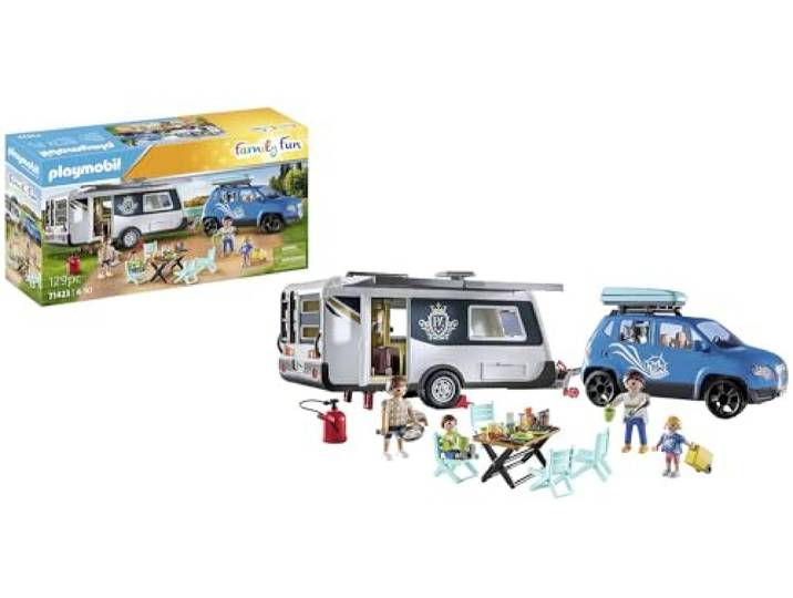 PLAYMOBIL Family Fun 71423 Wohnwagen mit Auto, Camping, vielseitiger Campingspaß in der Natur mit umfangreichem Zubehör, gemeinsamer Familientrip durch das ganze Land, Spielzeug für Kinder ab 4 Jahren