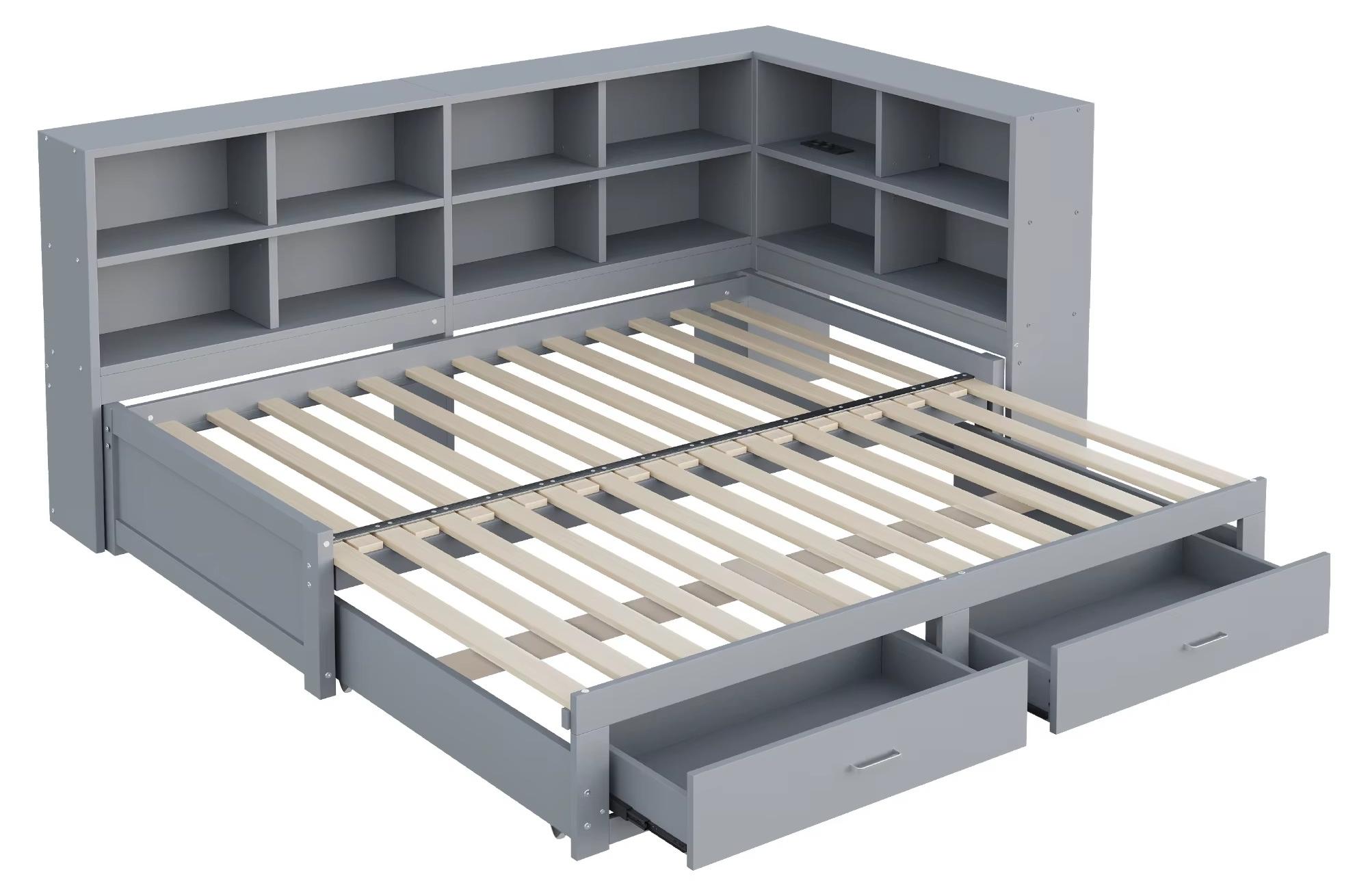 Multifunktionales Einzelbett - Holz-Tagesbett mit ausziehbarem Gästebett - Stauraum - Steckdose - Modernes Design - Grau