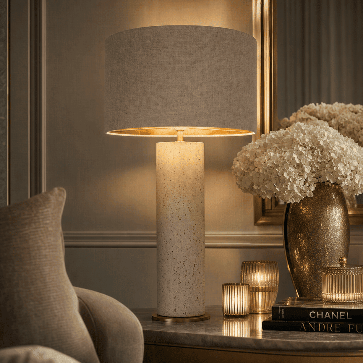 Leonor Travertine Table Lamp with Linen Shade