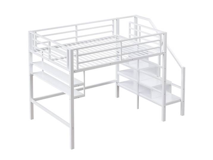 ComfortXL Hochbett 140/200 cm De-04651, mit Regalen, Stauraumleiter und Freiraum in Weiß, Metall, 140x200 cm, Babymöbel & Kindermöbel, Kinderzimmer & Jugendzimmer, Kinderbetten, Hochbetten
