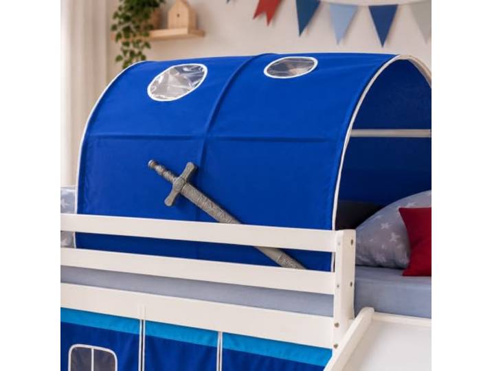 Homestyle4u Hochbett Zubehör für Kinder Betttunnel Blau Jungen Kinderbett Zeltdach aus 100% Baumwolle - Traumzelt Höhle für Jungen & Mädchen - 100x90x70 cm - Inklusive Fenster & Gestell