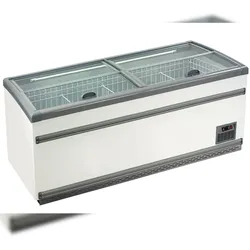 KLIMAITALIA Statische Insel mit geneigtem, flachem Glas. Vertikale Öffnung. LED-Beleuchtung. Automatisches Auftauen. Temperatur -18°C/-21°C. IGLOO25