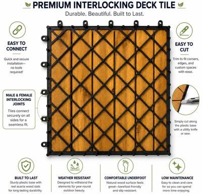 Oakland Living Patio Flooring Indoor/Outdoor 12 in. Acacia Wood Interlocking Deck Tiles, 10-Pack