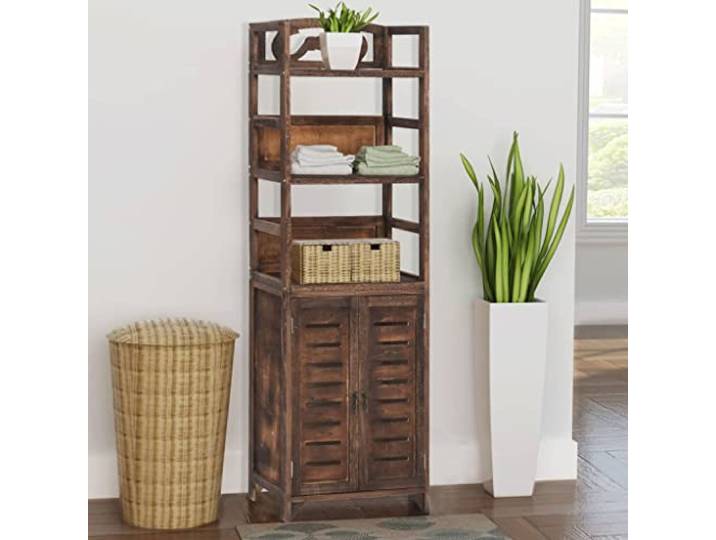 RJPLMFV Vitrine, dunkelbraun, 46 x 24 x 140 cm, Massivholz Paulownia 2 Türen, 3 Regale, Aufbewahrung und Ausstellung, einfache Reinigung