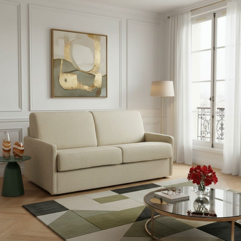 Weber industries Canapé convertible en velours beige 3 places Beige 210x88x174cm