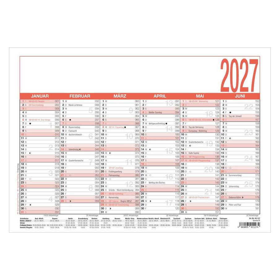Neumann Tafelkalender A4 6M/1S 29,7x21cm m Arbeitstage (A4) (661127/907-0000)